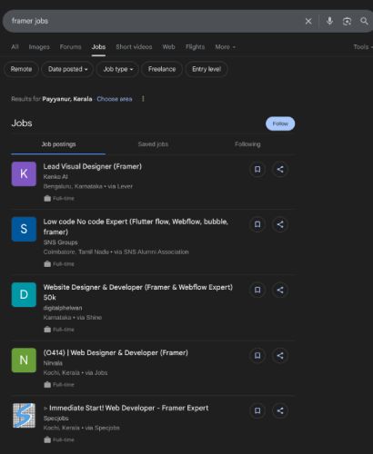 Framer internship jobs in Chennai