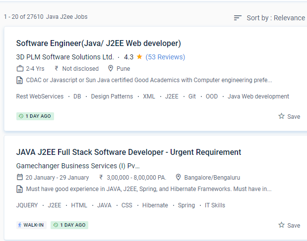 Java J2EE internship jobs in Salem